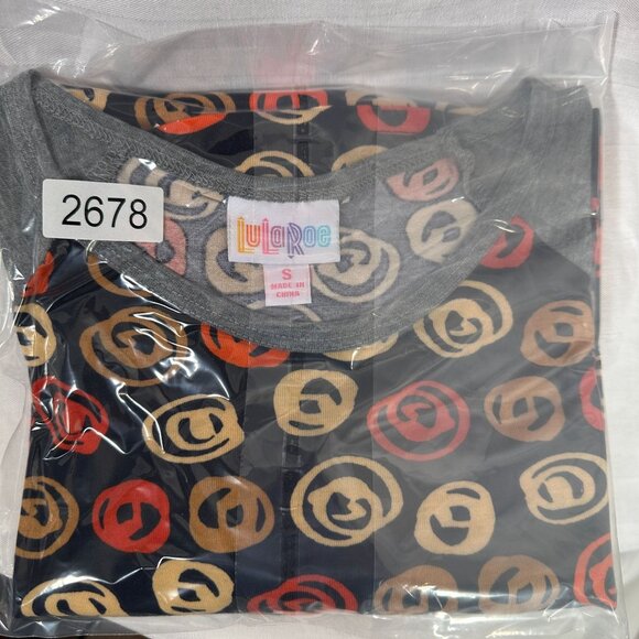 LuLaRoe RANDY Black Gran heathered Orange Tan Circles Raglan Tee Shirt SMALL S - Picture 7 of 7